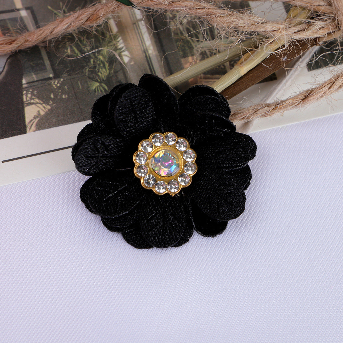 Leaf Petal Fabric Flower with Rhinestone Center - Green 3cm