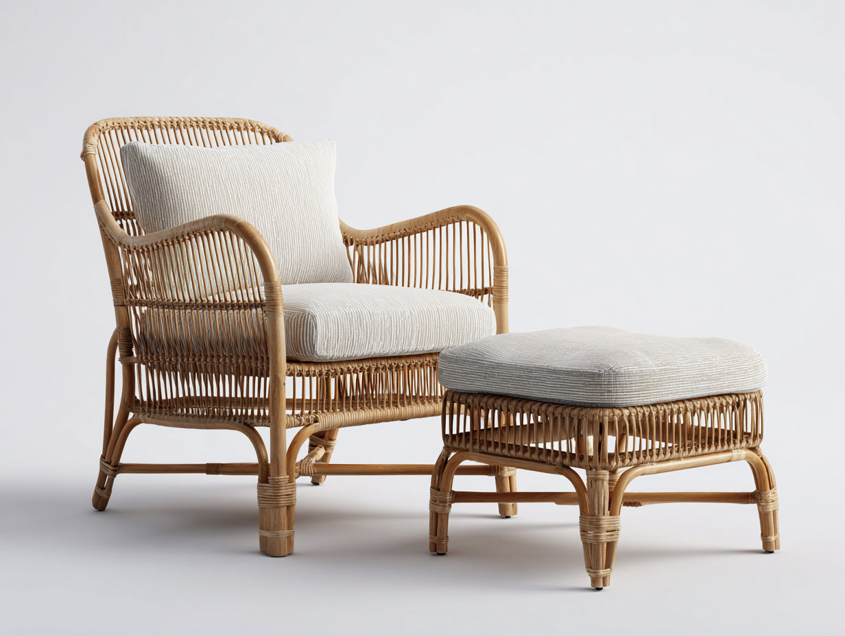 Sillones de ratán ratán natural 75x80x85 cm color beige madera uso interior exterior estilo moderno con reposapiés