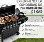 Amig - Barbacoa de gas Fireplus 6+1 de 12,9 kW - Acero inoxidable Negro - Parrilla con ruedas Modelo GRILL-6F - Barbacoa XXL con carro y termómetro - 138x52x103 cm - 7 quemadores y Bandeja lateral