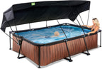 EXIT Toys Wood Pool con Toldo Solar - 300x200x65cm - Piscina de Marco Rectangular Compacta con Bomba de Filtro de Cartucho - Protección UV Óptima - Fácil Acceso - Diseño Único - Marrón
