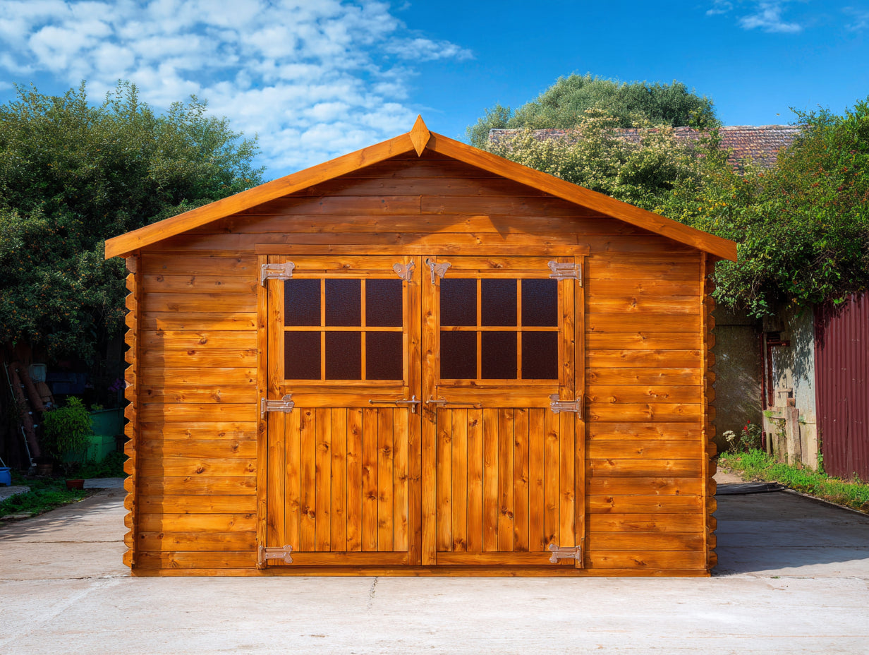 Caseta de jardín de madera 240x180x210cm - marrón - para exterior - con puertas dobles