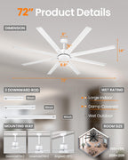 183cm Extra Grande 8 Aspas de Aluminio Ventilador de Techo con Luz y Mando, Silencioso Lampara Ventilador Techo con Reversible Motor DC para Exterior Terraza, Habitación Grande