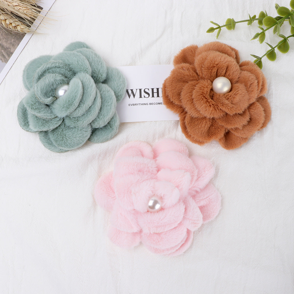 Plush Velvet Camellia Fabric Flower with Pearl - Pink 10CM