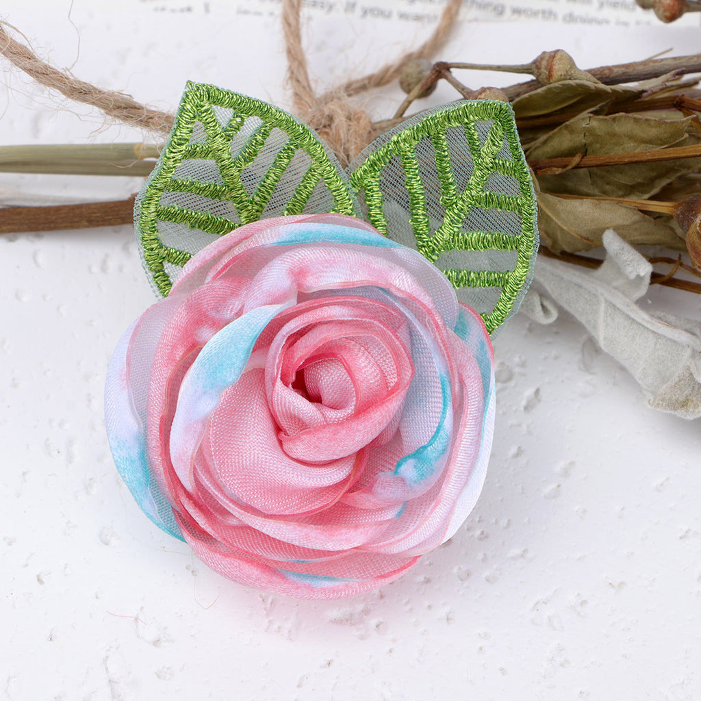 Tie Dye Rose Fabric Flower with Embroidered Leaf - Product Detail Photo 3