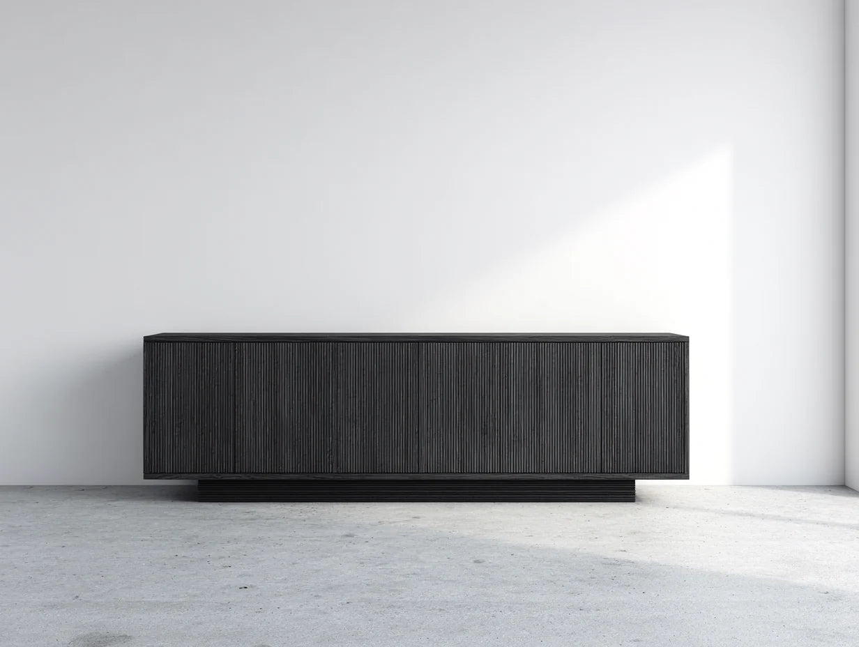 Mueble recibidor 180x40x55 cm - madera negra estriada para entrada - estilo moderno bajo