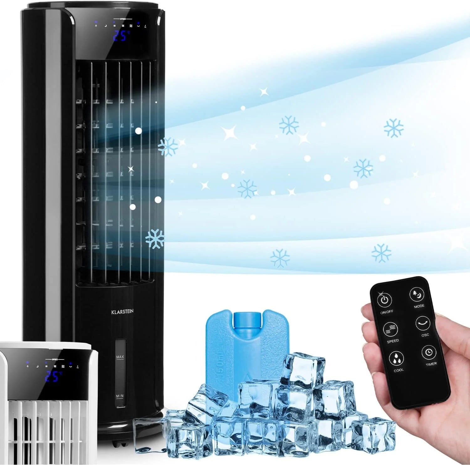 Klarstein Luftkühler mit Wasserkühlung, 4-in-1 Raumkühler, Luftbefeuchter, Ventilator & Nachtmodus, Mobile Klimageräte Luftkühler mit 3,5L Tank & Timer, 60W Air Cooler mit 486 m³/h Luftstrom