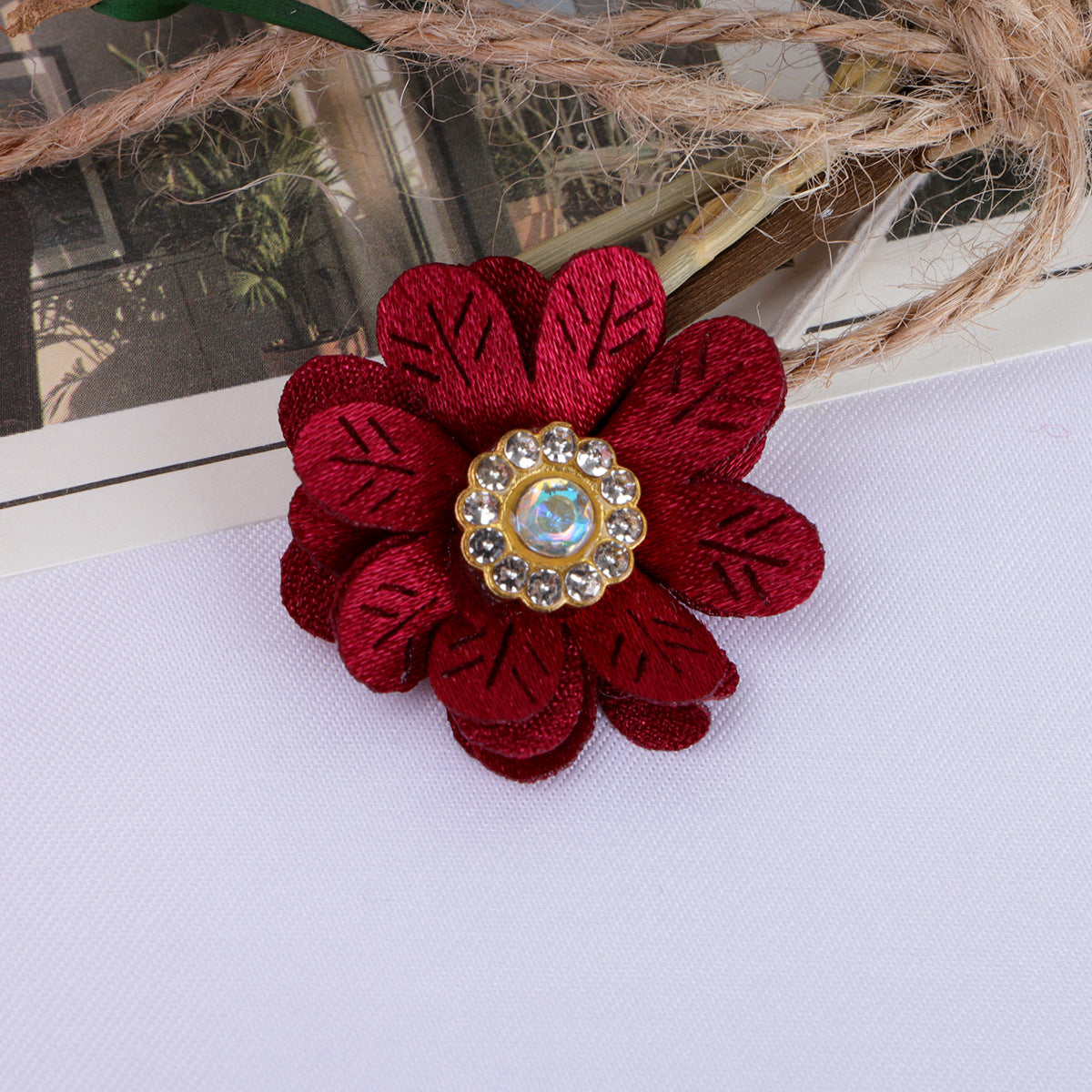 Leaf Petal Fabric Flower with Rhinestone Center - Product Detail Photo 4