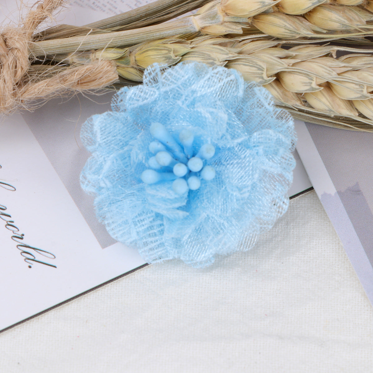 Mini Lace Mesh Fabric Flower with Bead Center - Wine red 4cm