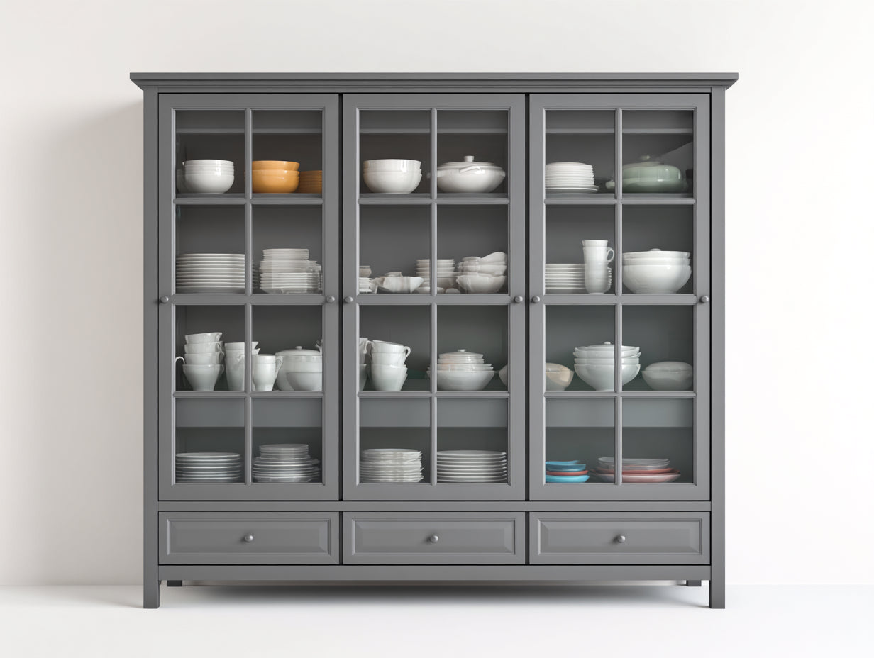 Vitrinas madera 150x45x200 cm - color gris - diseño moderno con puertas de vidrio y almacenamiento amplio