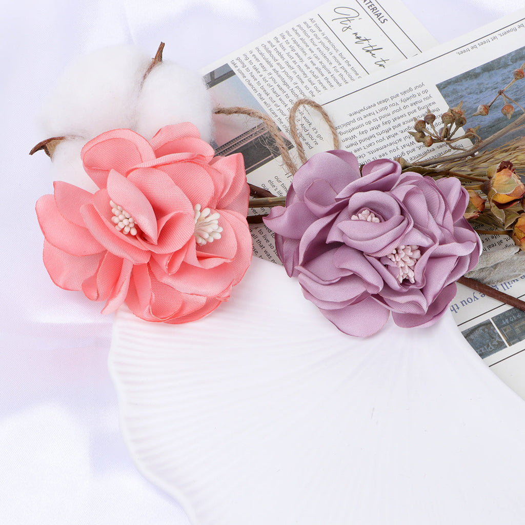 Satin Rose Fabric Flower with Stamen Center - Peach Pink 7CM
