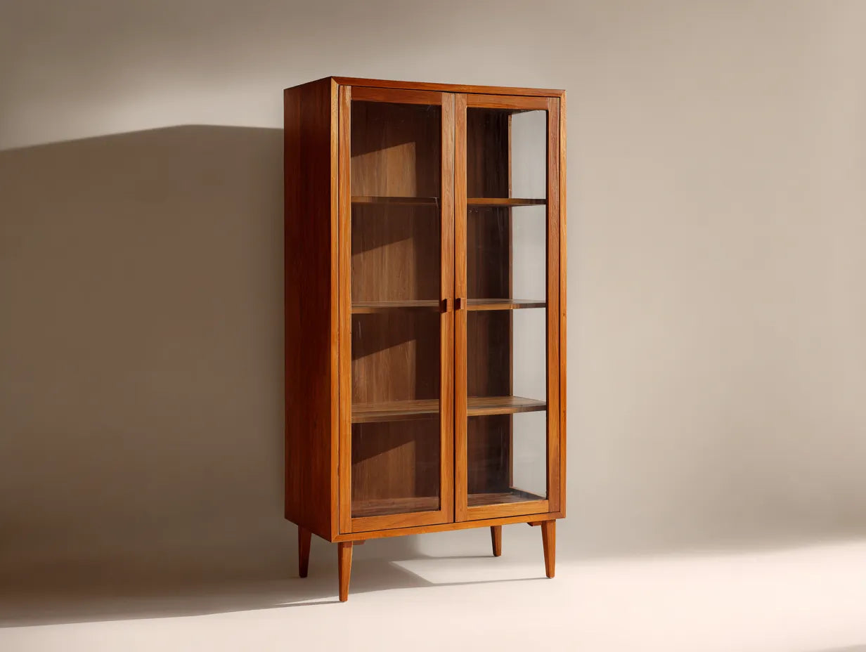 Aparador vitrina de madera nogal - 100x39x165 cm - con dos puertas de cristal
