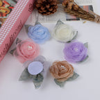 Organza Rose Fabric Flower with Leaf Accent - Beige 5.5CM