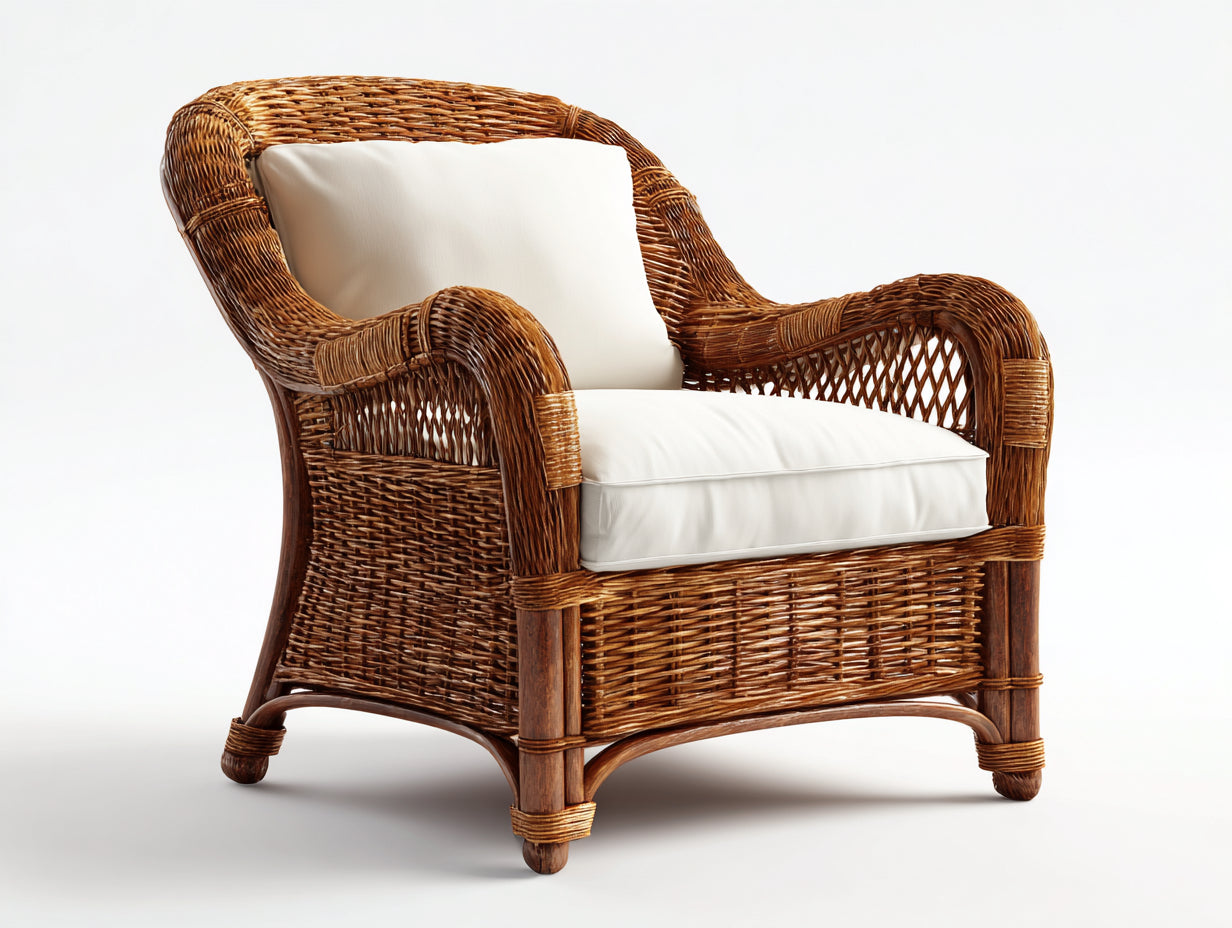 Sillón de ratán natural 85x75x90 cm marrón beige con cojín para jardín estilo clásico