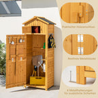 RELAX4LIFE Cobertizo de Madera con Techo a 2 Aguas de Asfalto, Armario de Jardín con 8 Ganchos, 3 Estantes Extraíbles y Mesa Plegable para Herramientas de Jardinería