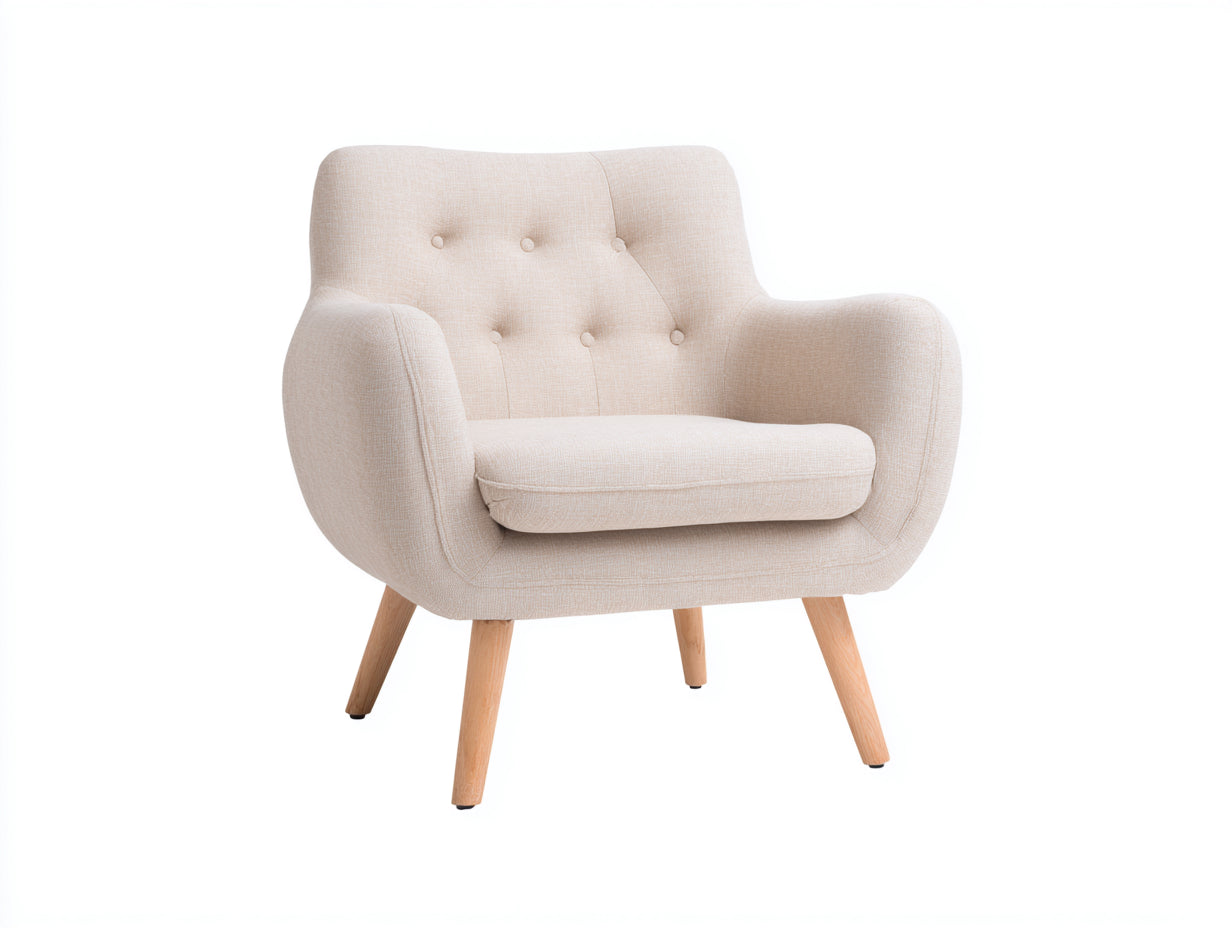 Sillón 80x78x88 cm - tela beige - estilo moderno con respaldo de botones y patas de madera