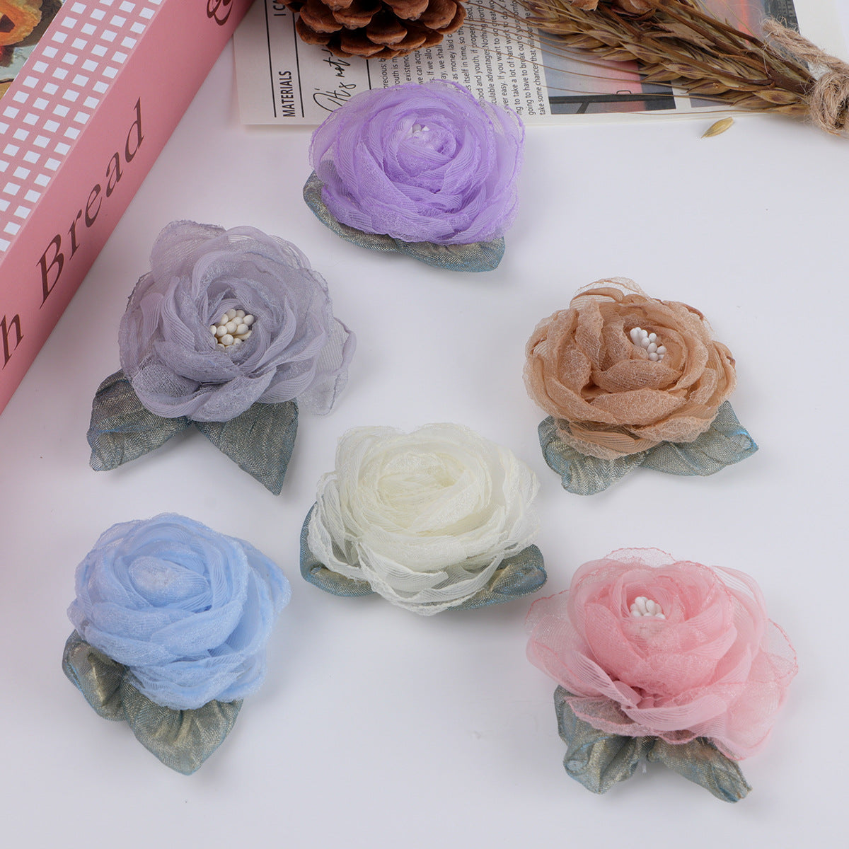 Organza Rose Fabric Flower with Leaf Accent - Gray 5.5CM