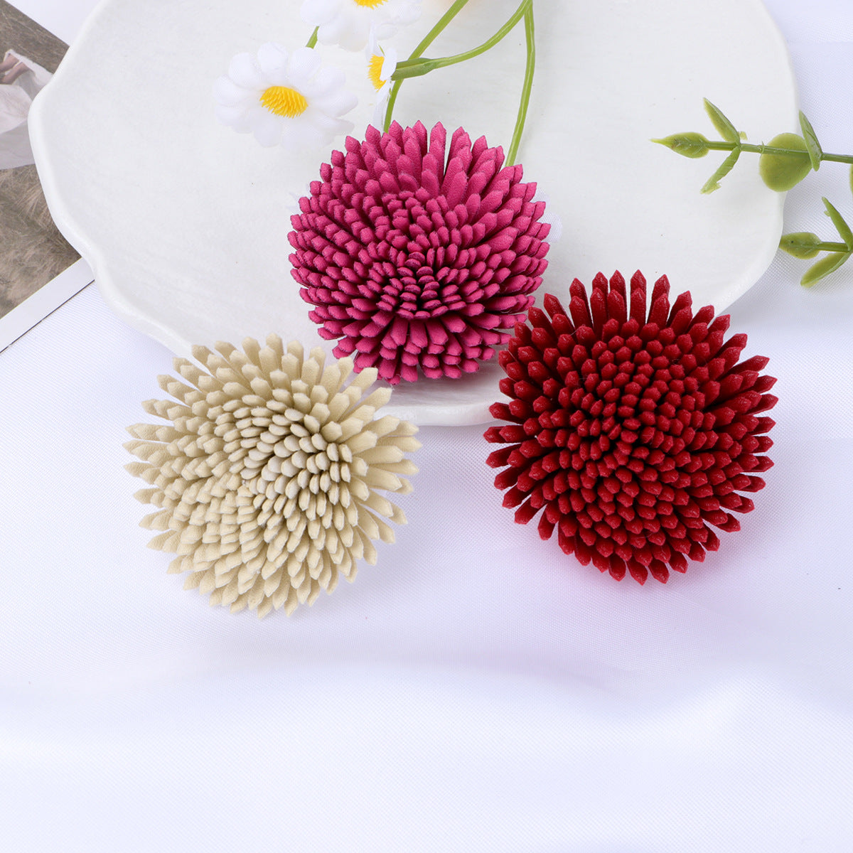 Textured Spike Pom Fabric Flower Applique - Green 5CM