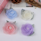 Organza Rose Fabric Flower with Leaf Accent - Blue 5.5CM