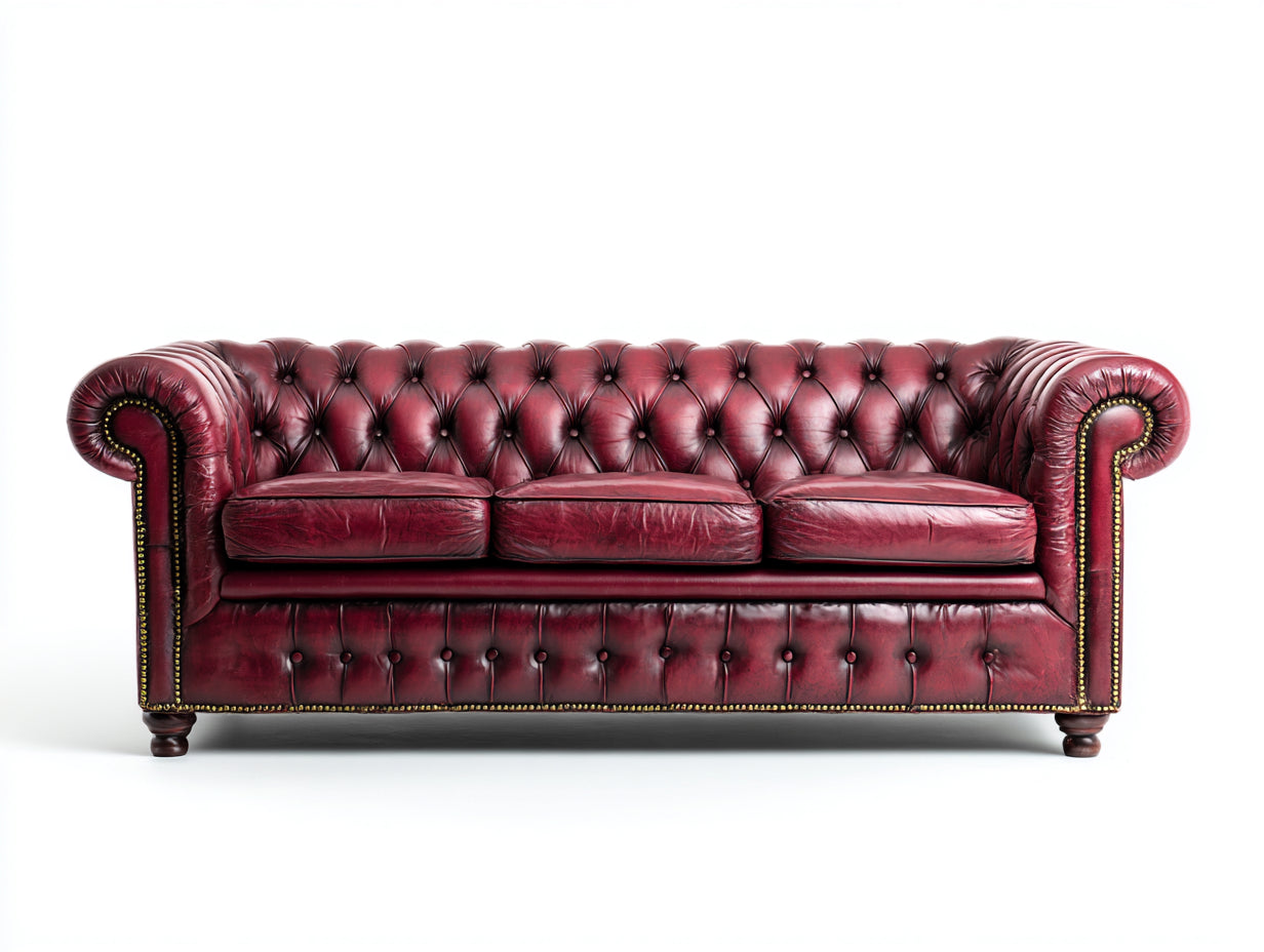 Sofás 3 plazas de cuero 215x90x80 cm - rojo oscuro - estilo clásico capitoné - diseño elegante para salón