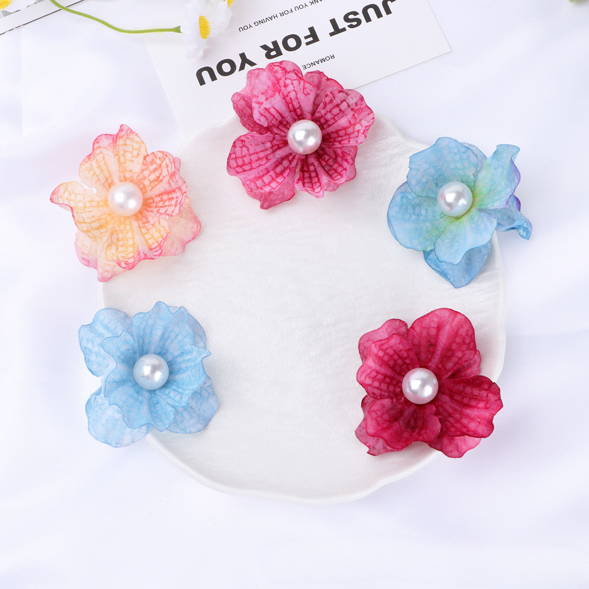 Ombre Petal Fabric Flower with Pearl Center - B Rose Red 5CM