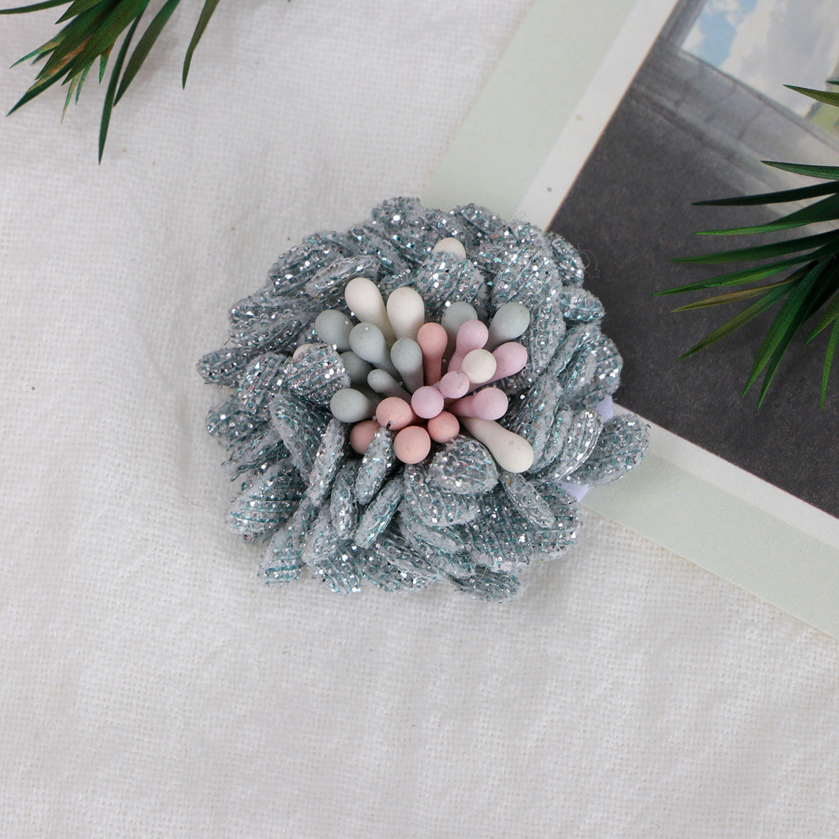 Sparkle Dahlia Fabric Flower with Bead Center - Product Detail Photo 1