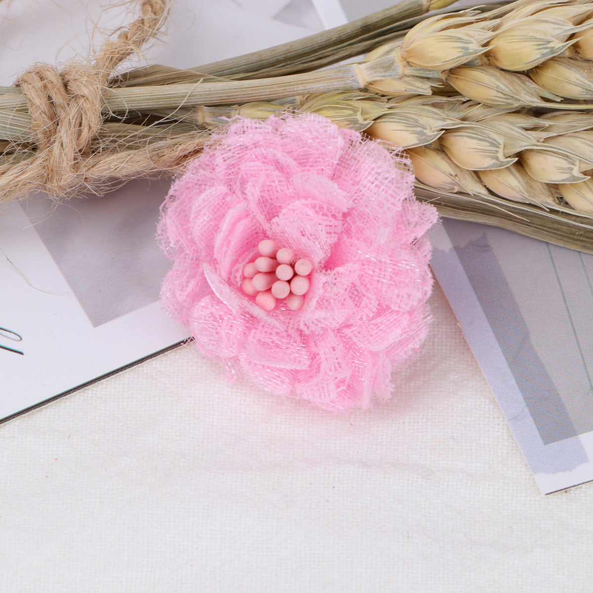 Mini Lace Mesh Fabric Flower with Bead Center - Product Detail Photo 2