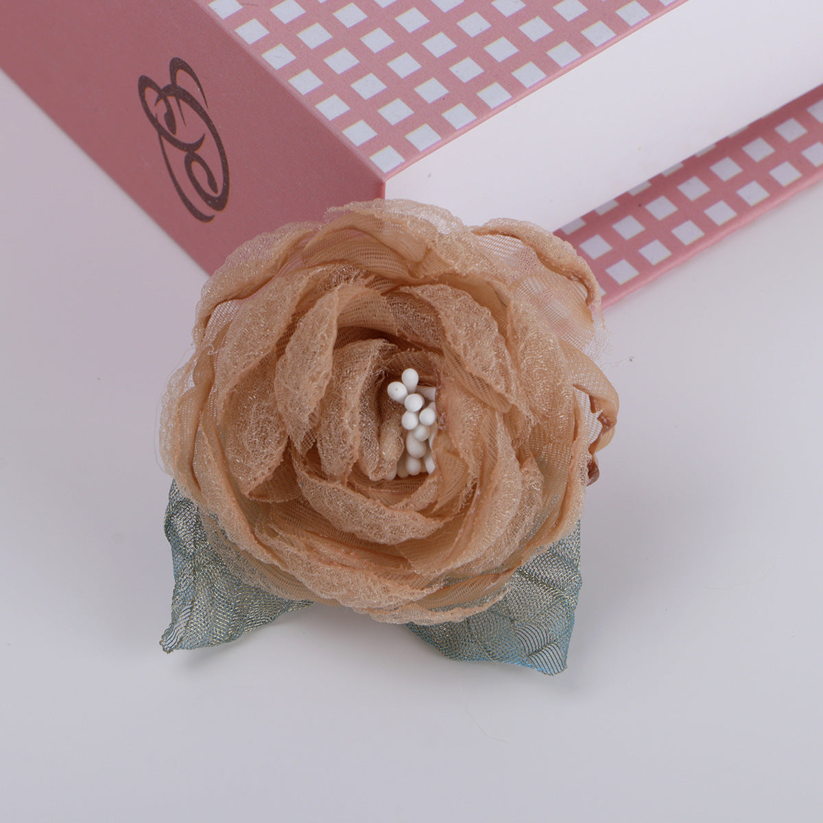 Organza Rose Fabric Flower with Leaf Accent - Product Detail Photo 3