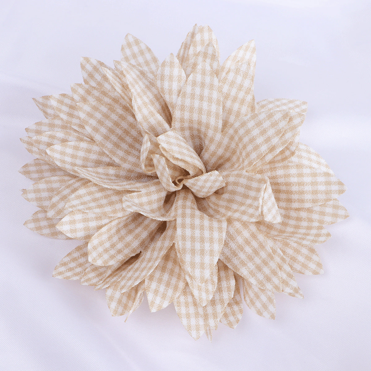 Gingham Print Dahlia Fabric Flower Applique - Wine Red 13cm