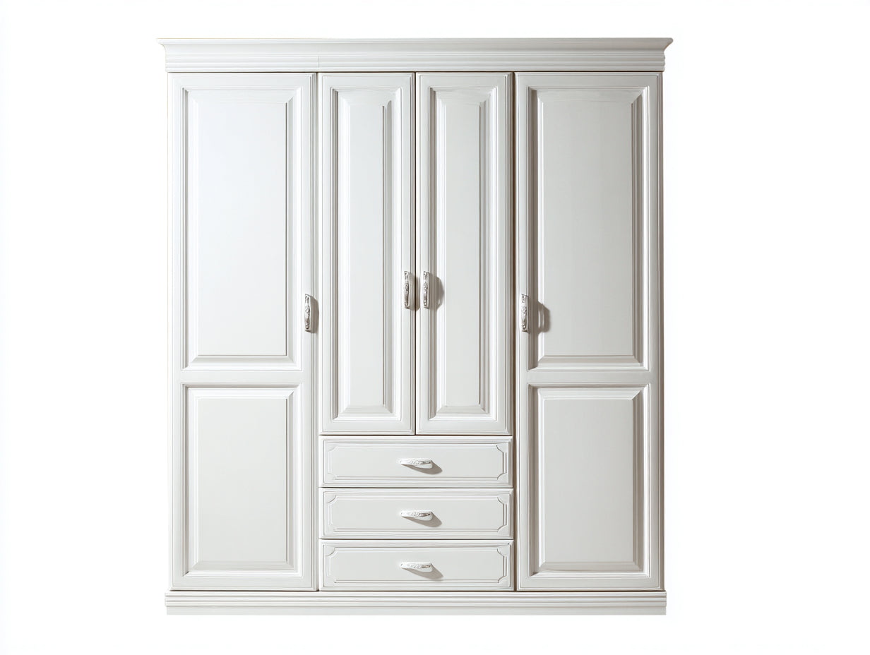 Armario de madera blanco 160x60x210 cm - 4 puertas y 3 cajones - estilo clásico para dormitorio
