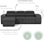 BUDWING John Sofá Cama Esquinero 4 Plazas - Chaise Longue Reversible, Reposacabezas Ajustable y 2 Pufs – Tapizado en Poliuretano – Estilo Moderno – 263x161x96 cm – Negro
