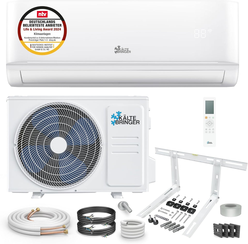 Kältebringer Split Klimaanlage - 9000 BTU (2,6 kW) - Klimagerät mit Heizfunktion, WiFi & App, bis 45qm, sehr leise - Set mit 5m Kupferleitung, Kältemittel R32, Montagematerial, Wandhalterung