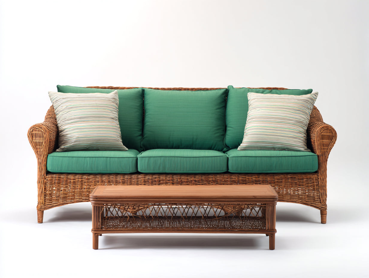 Sofá de exterior de ratán con mesa rectangular 180x80x85 cm - marrón y verde - diseño clásico para jardín