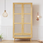 Soweiz Armario con barra, armario de 2 puertas, dormitorio, red de ratán, sala de estar, con tapa inferior abatible, tableros de partículas+ratán de polietileno, natural