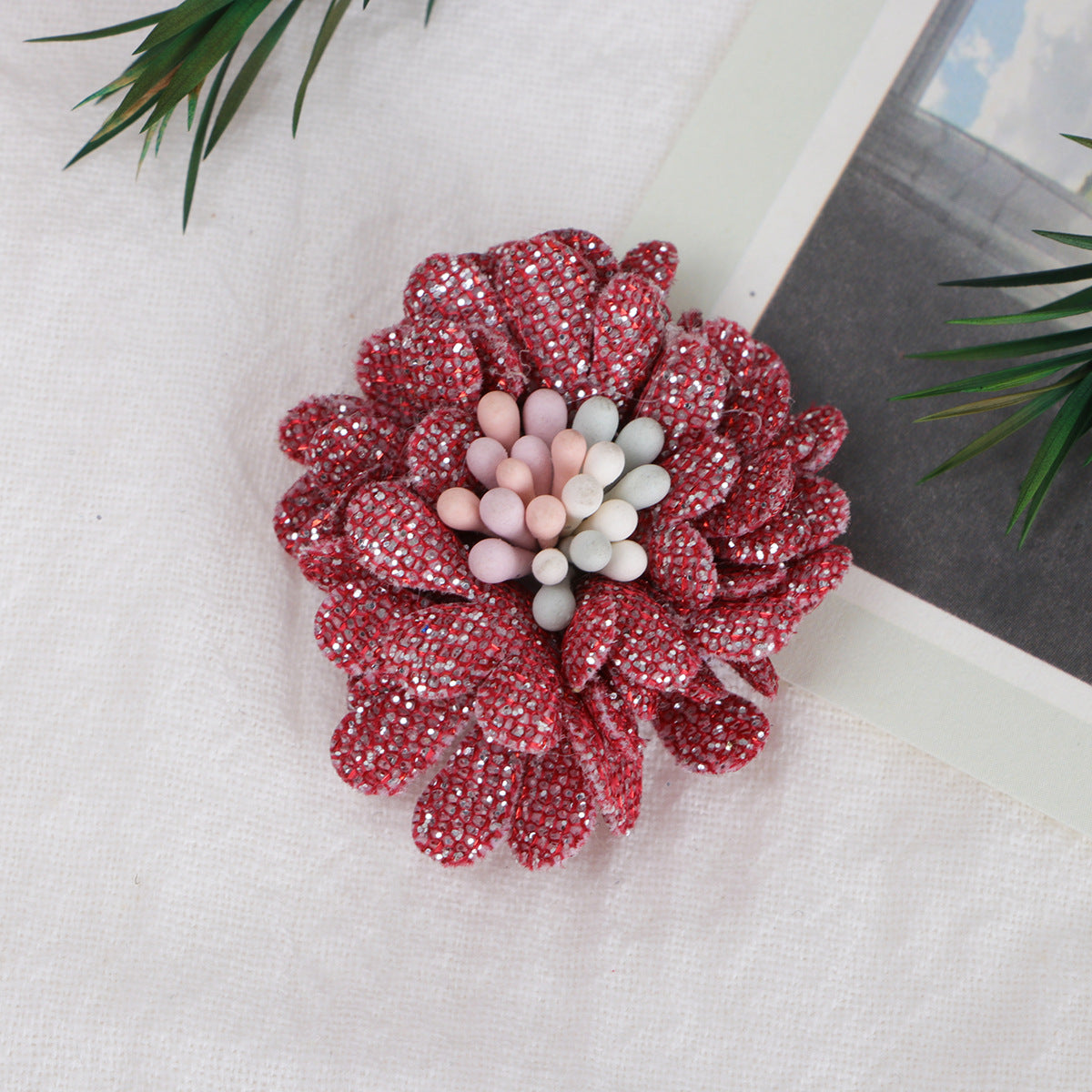 Sparkle Dahlia Fabric Flower with Bead Center - Deep blue 3cm