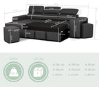 BUDWING John Sofá Cama Esquinero 4 Plazas - Chaise Longue Reversible, Reposacabezas Ajustable y 2 Pufs – Tapizado en Poliuretano – Estilo Moderno – 263x161x96 cm – Negro
