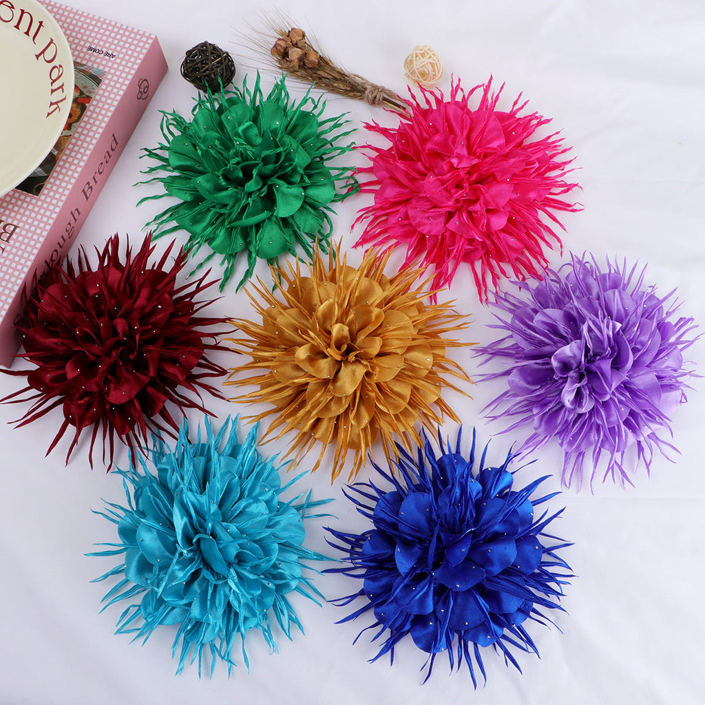 Spike Petal Pom Fabric Flower with Beads - Rose Red 18CM