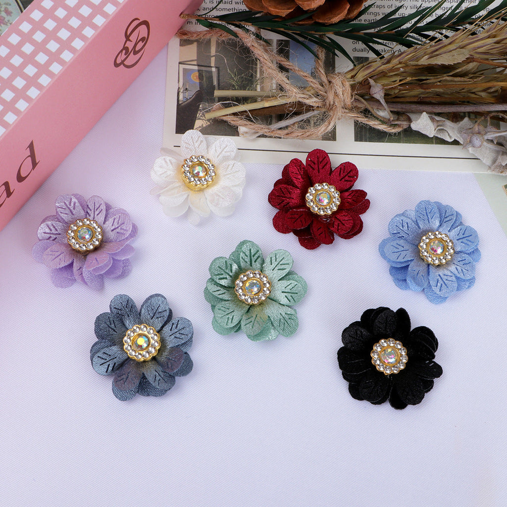 Leaf Petal Fabric Flower with Rhinestone Center - Blue 3cm