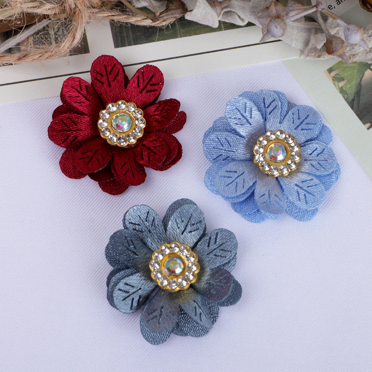 Leaf Petal Fabric Flower with Rhinestone Center - Sky Blue 3cm
