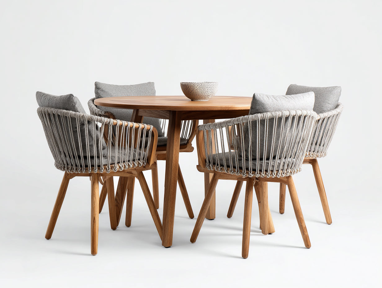 Conjunto de comedor de jardín madera y cuerda 120x120x75 cm - gris y original - diseño moderno con 4 sillas