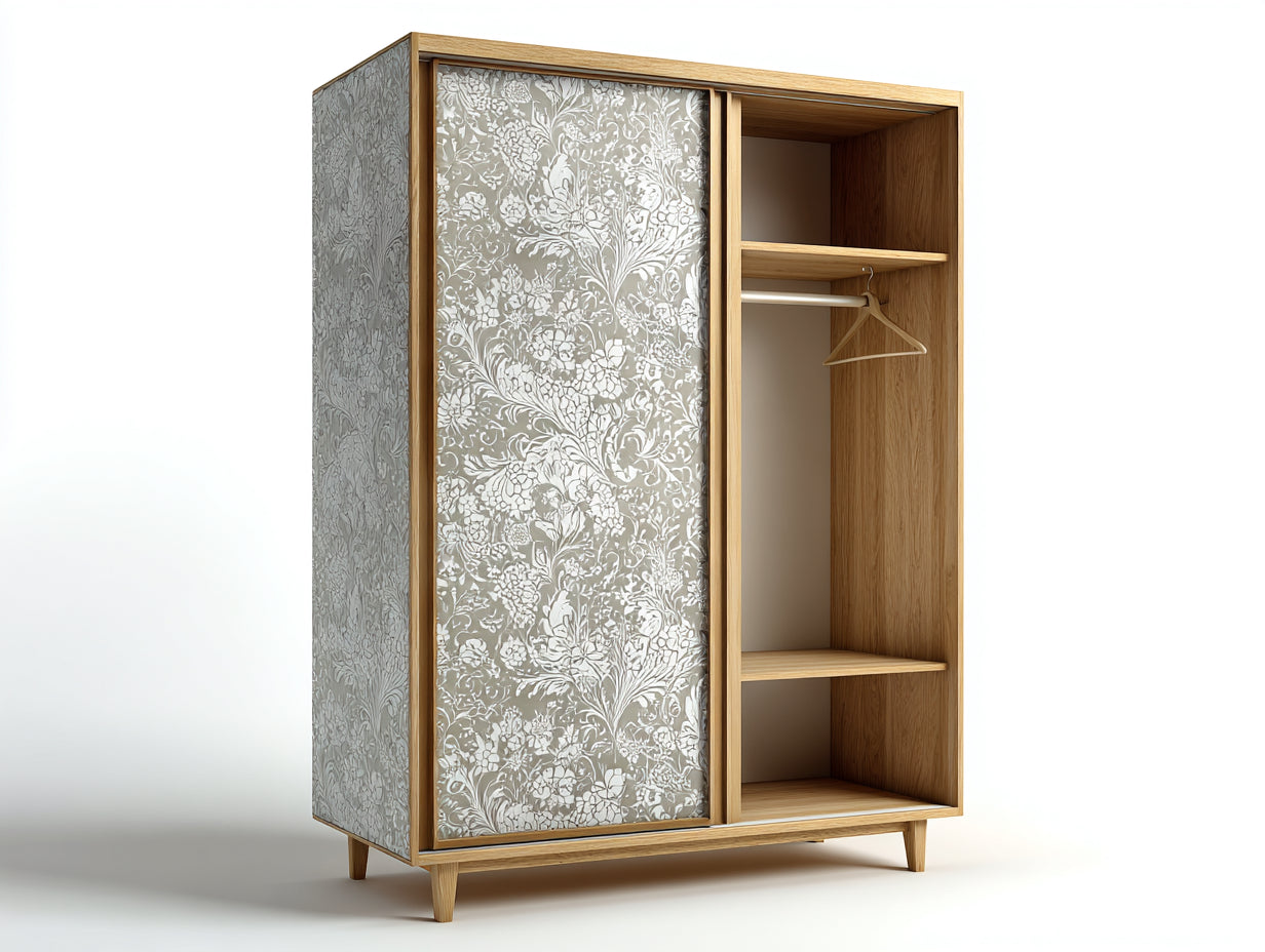Armarios de madera 100x55x180 cm - marrón claro y blanco - 2 puertas correderas diseño floral - estilo moderno para dormitorio