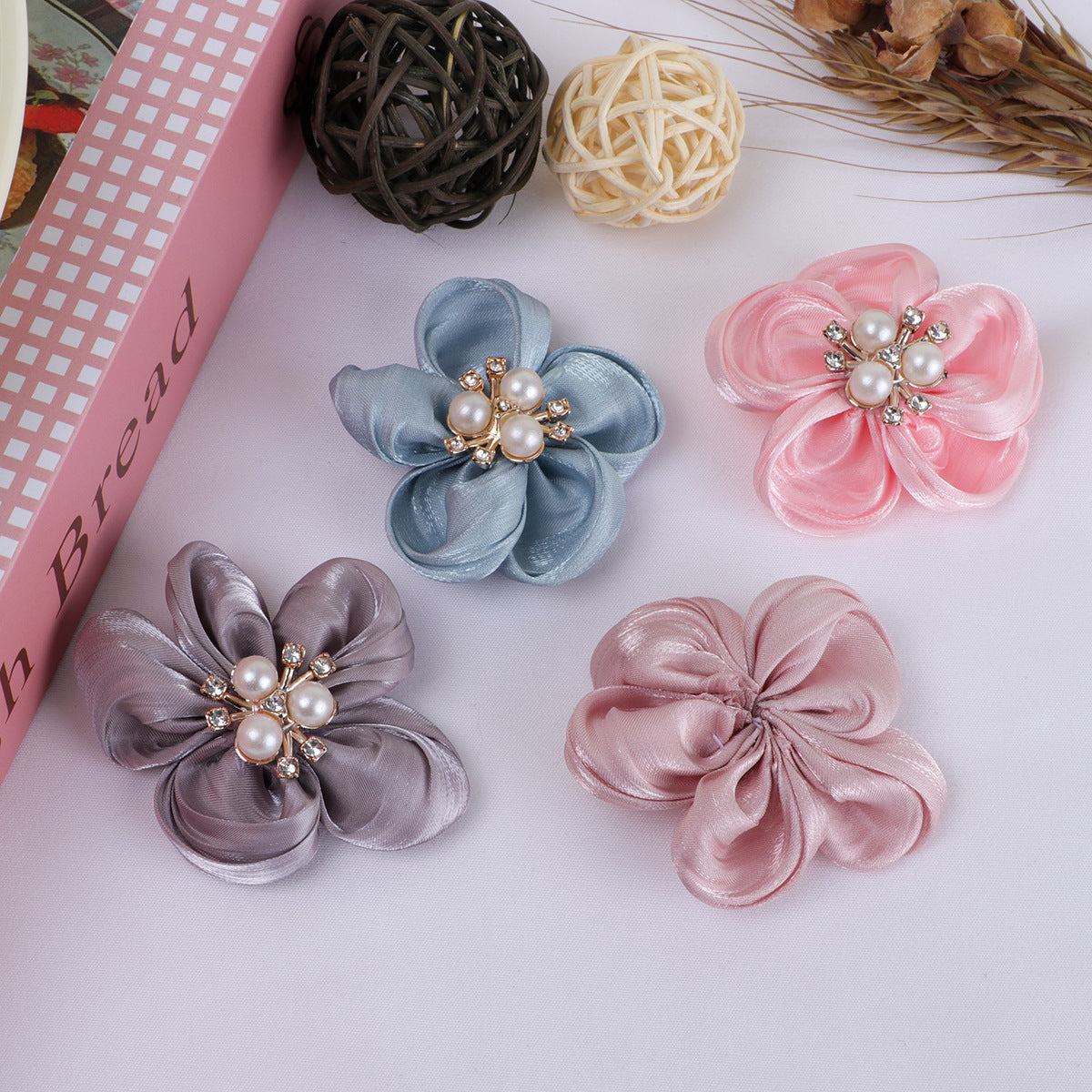 Pearl Center Satin Fabric Flower Applique - Bean Paste 5.5CM