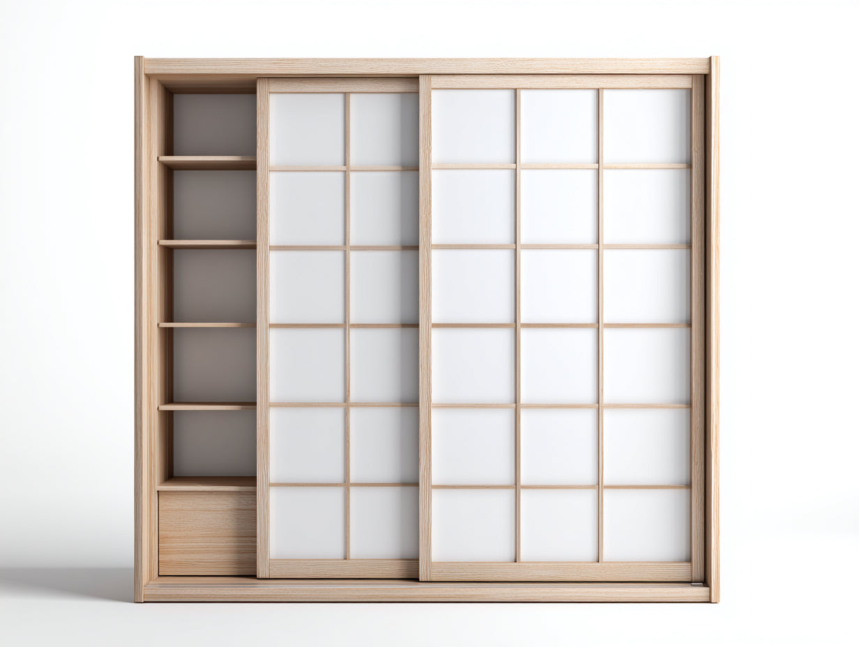 Armarios de madera con puertas correderas 180x60x200 cm - marrón - diseño japonés con estanterías y 1 cajón