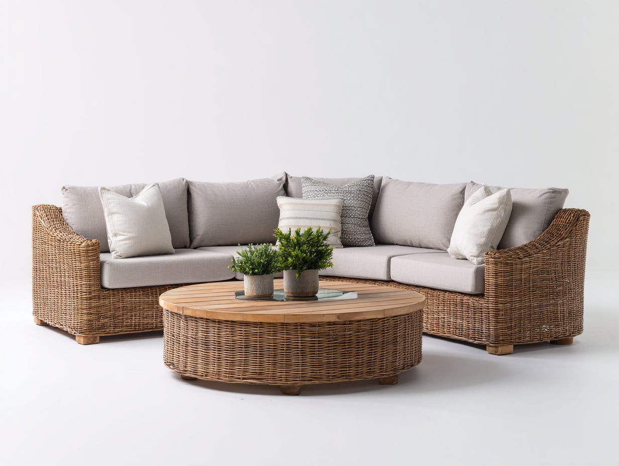 Sofás de exterior conjunto sofá esquinero 230x230x78 cm ratán sintético natural-beige para jardín y terraza - mesa redonda incluida - diseño lounge moderno
