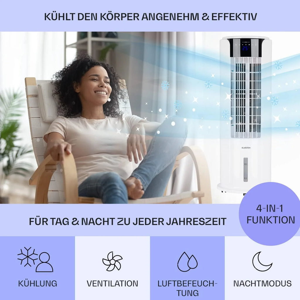 Klarstein Luftkühler mit Wasserkühlung, 4-in-1 Raumkühler, Luftbefeuchter, Ventilator & Nachtmodus, Mobile Klimageräte Luftkühler mit 3,5L Tank & Timer, 60W Air Cooler mit 486 m³/h Luftstrom