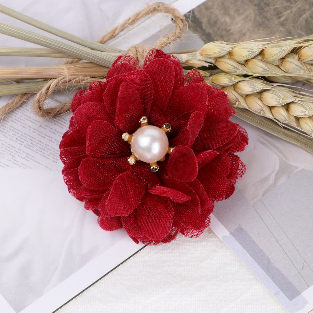Lace Mesh Fabric Flower with Pearl Center - Pink 5CM