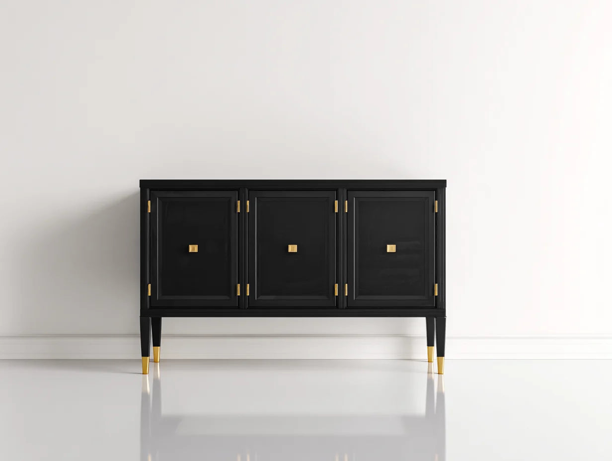 Mueble recibidor madera 140x42x88 cm negro y dorado - diseño elegante con puertas
