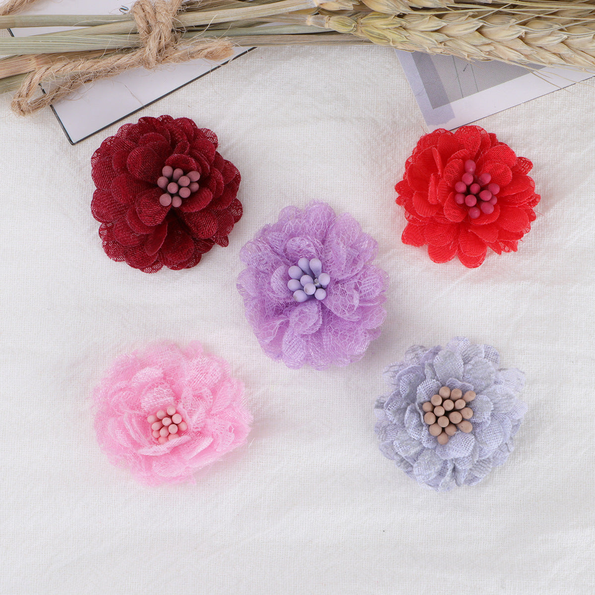 Mini Lace Mesh Fabric Flower with Bead Center - Red 4cm