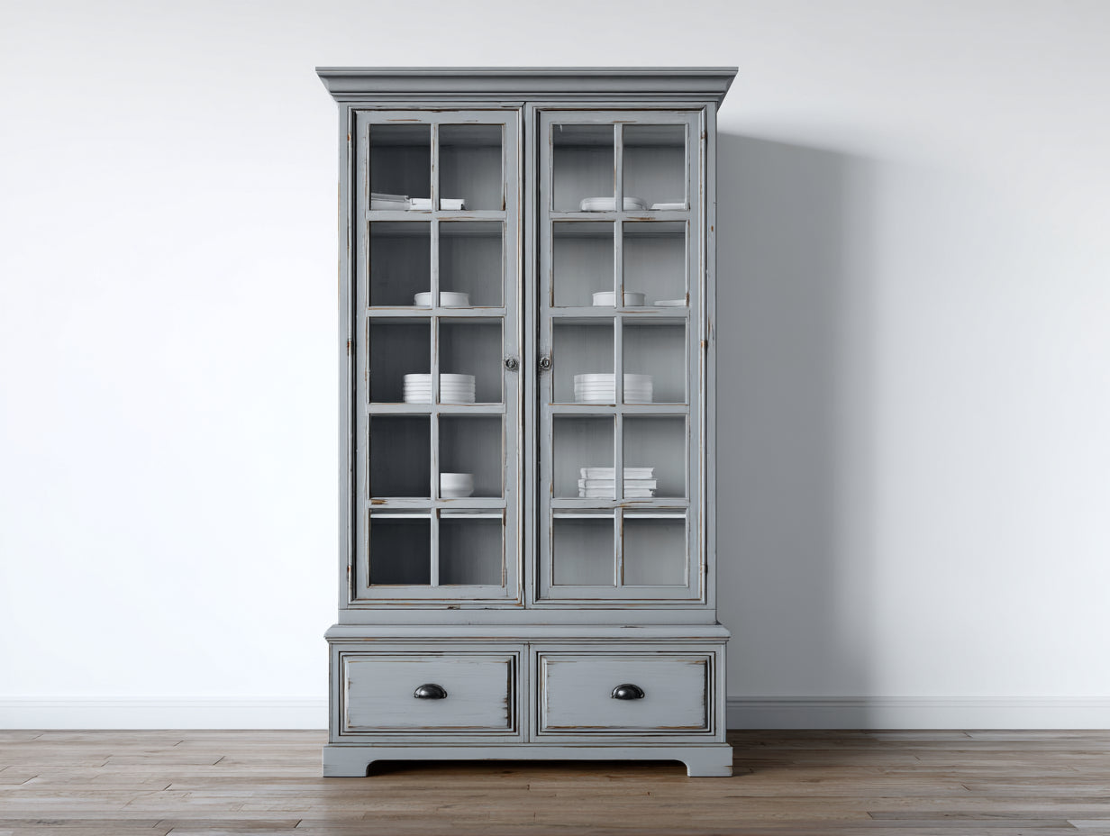 Vitrina de madera con puertas de vidrio 100x40x190 cm - gris claro - diseño vintage para salón