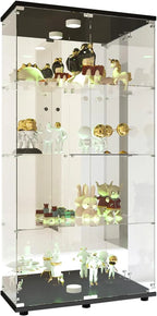 Vitrina Cristal Expositora con Luz, Puerta Cerradura, 4 estantes - Grande Vitrina de Colecciones,Vitrina de pie para Sala Oficina(Espalda Espejo)