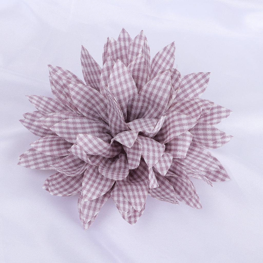 Gingham Print Dahlia Fabric Flower Applique - Pink 13cm